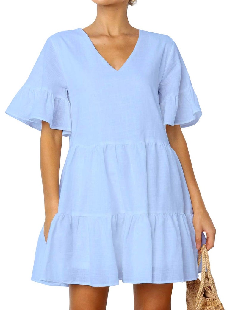 FANCYINN Womenâ€™s Sweet Shift Tunic Dress Short Bell Sleeve V Neck Causal Swing Red Ruffle Mini Dress with Pockets Light Blue L - Image 3